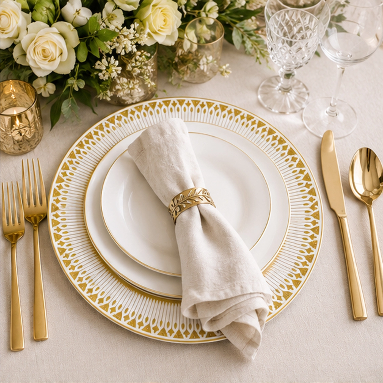 paris lilac charger plate in white and gold theme tablescape