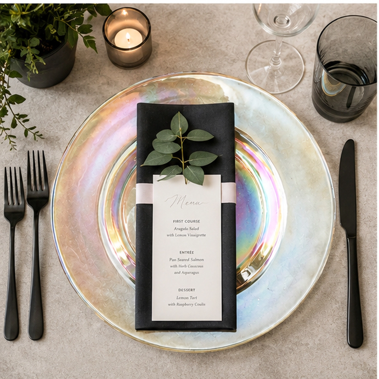 Peal iridescent charger plate in fine dining setting