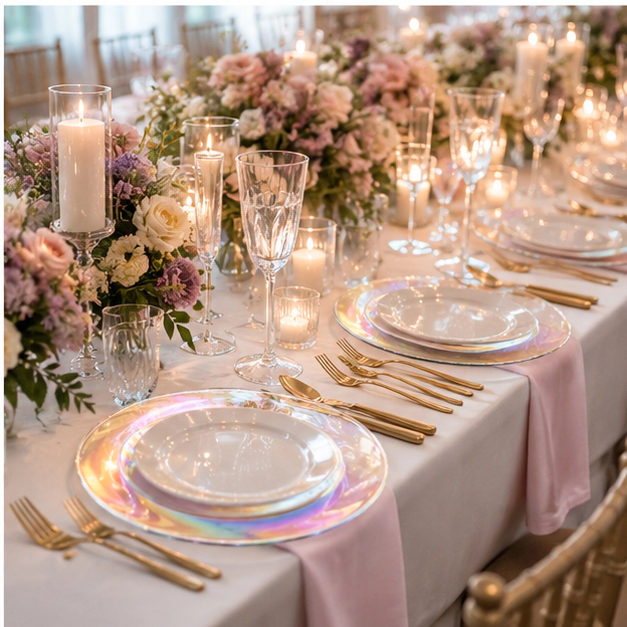 Peal iridescent charger plate in formal event tablescape