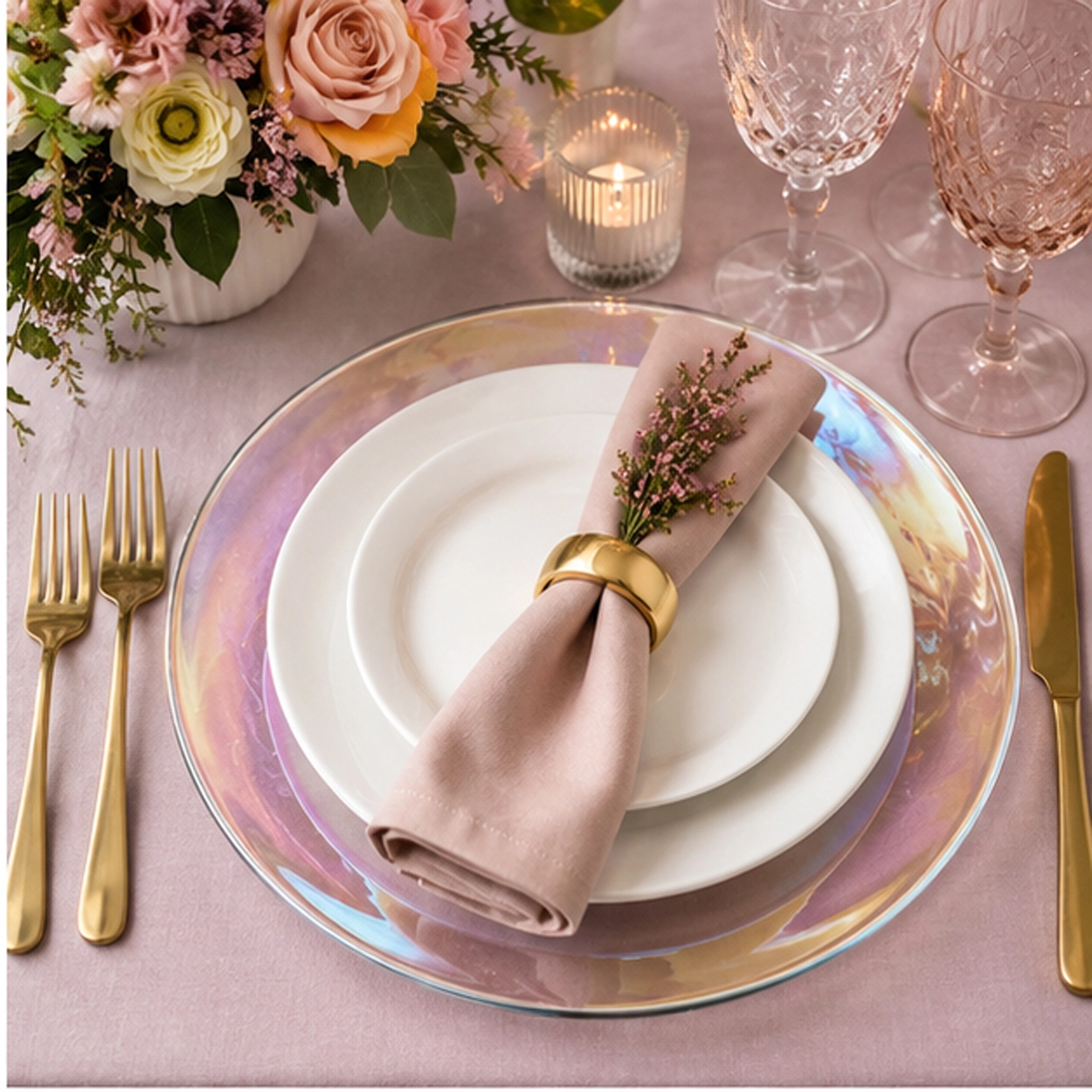 Peal iridescent charger plate in wedding reception tablescape