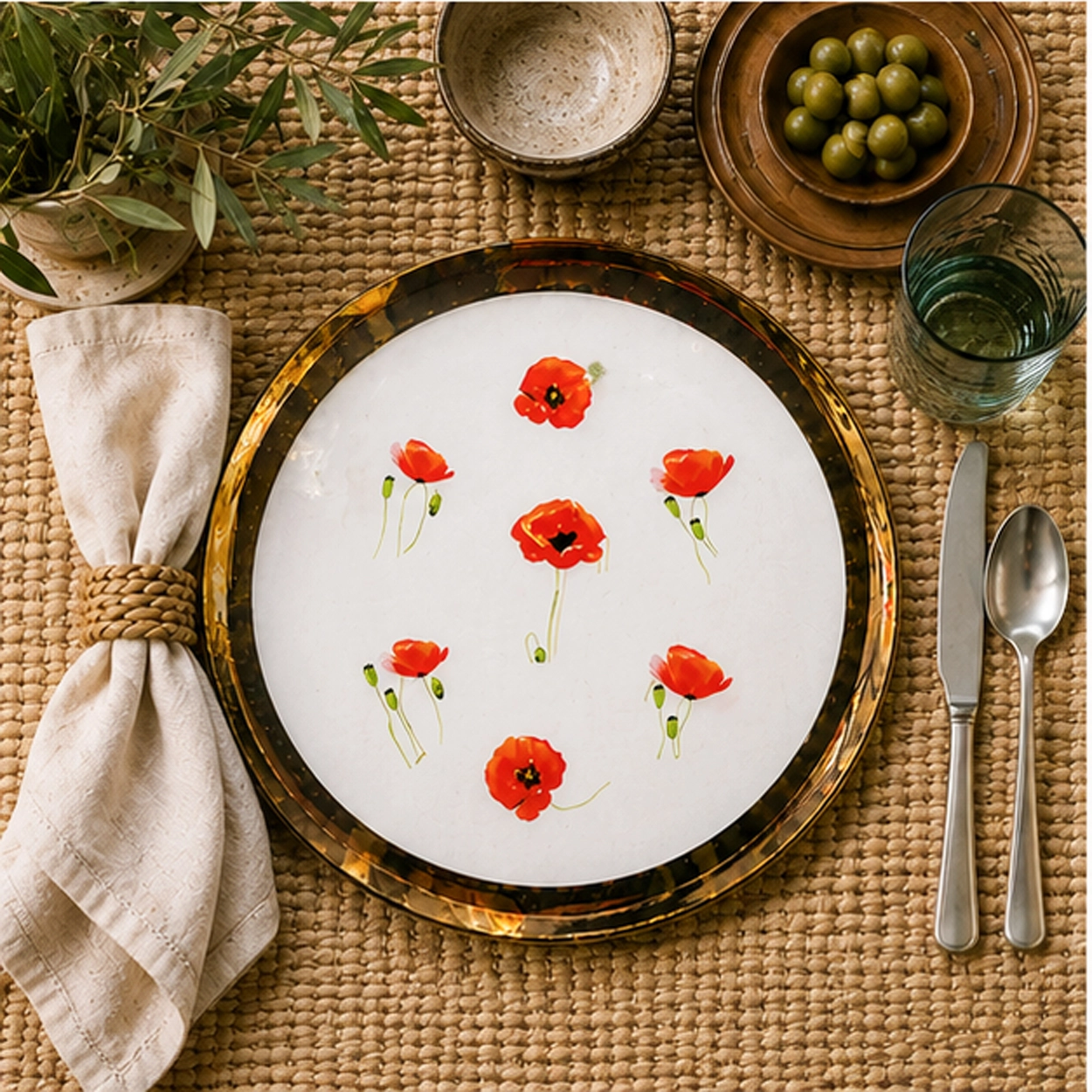poppy charger plate in fine dining setting