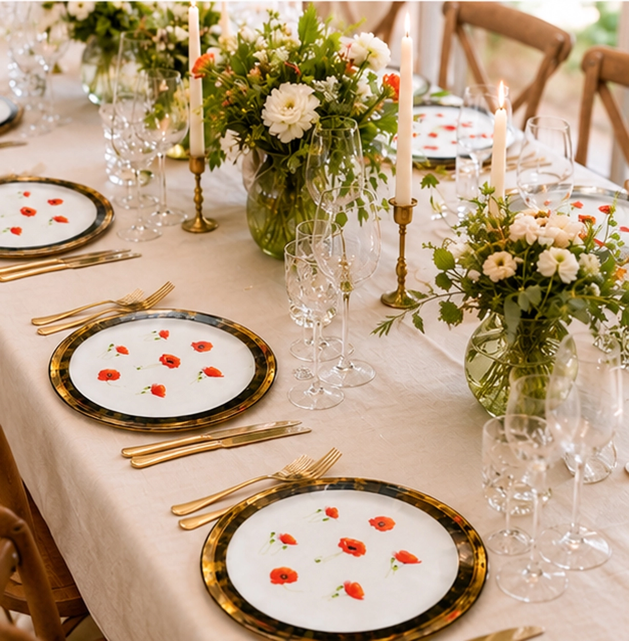 poppy charger plate in formal event tablescape