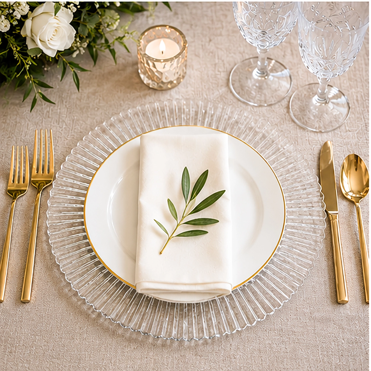ribbed clear charger plate in fine dining setting