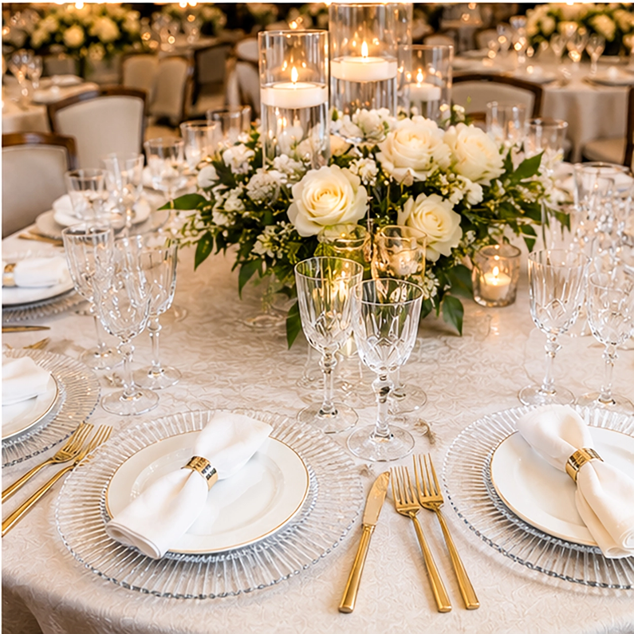 ribbed clear charger plate in formal event tablescape
