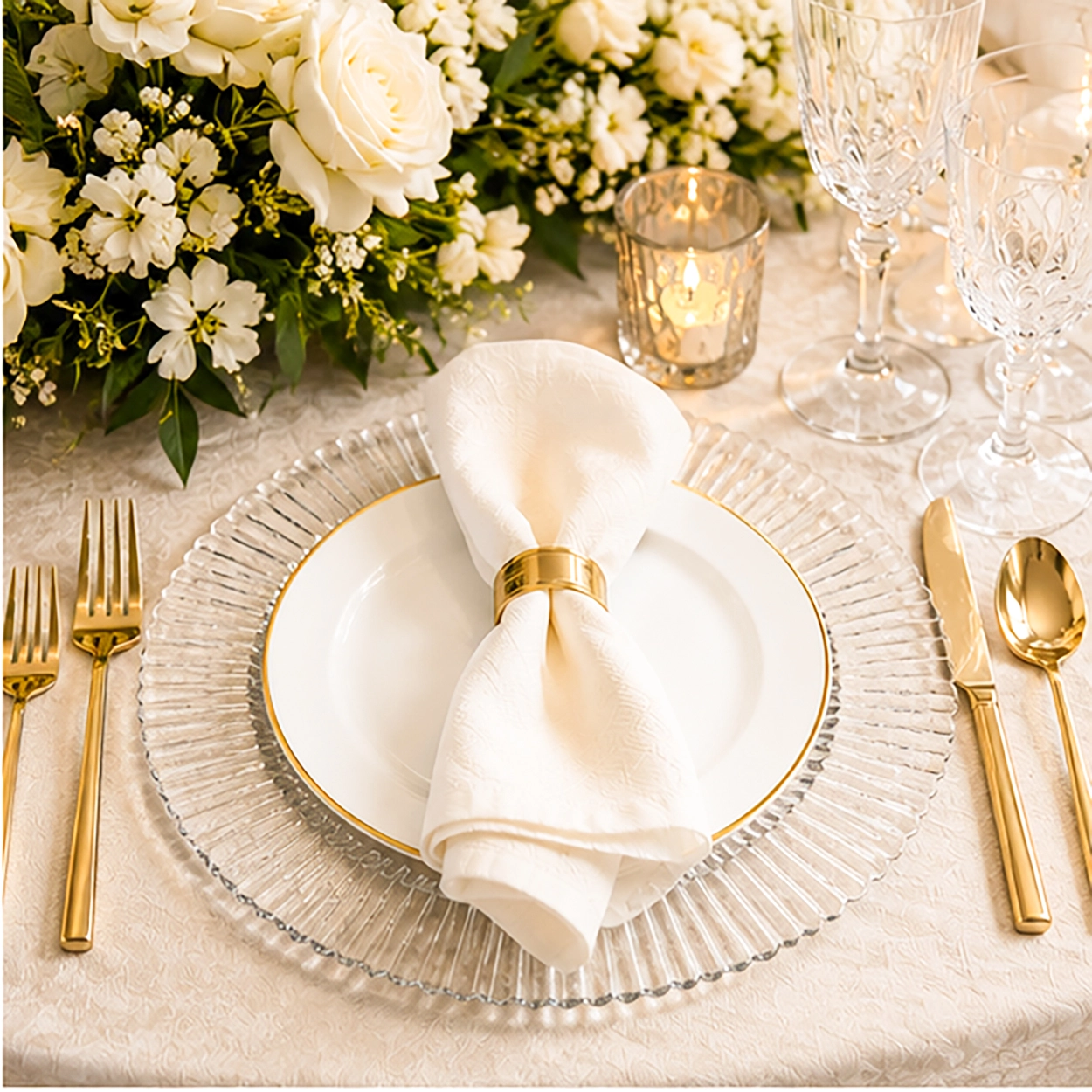 ribbed clear charger plate in wedding reception tablescape