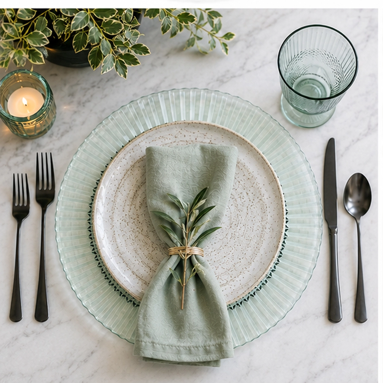 ribbed verde charger plate in a fine dining setting