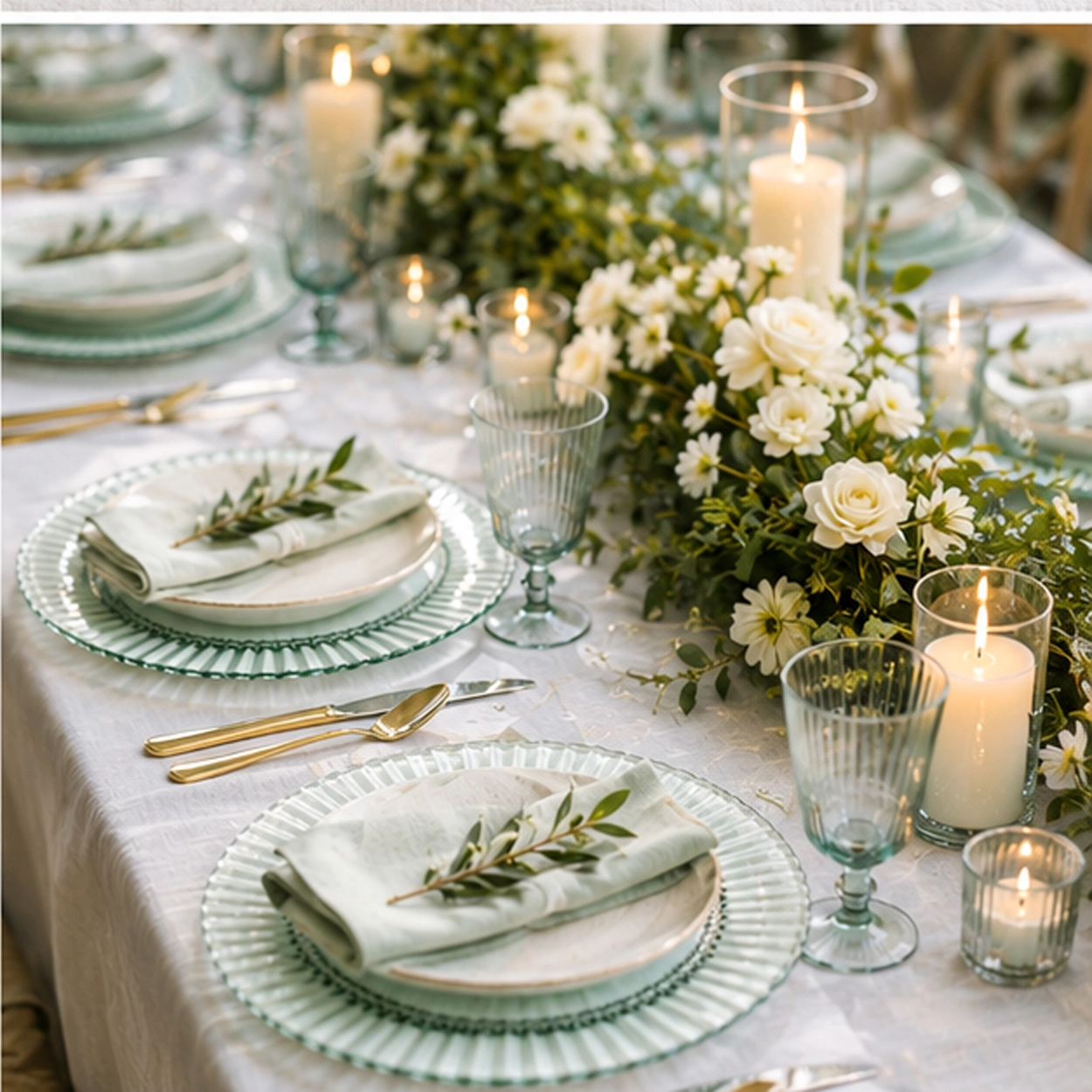 ribbed verde charger plate in a formal event tablescape