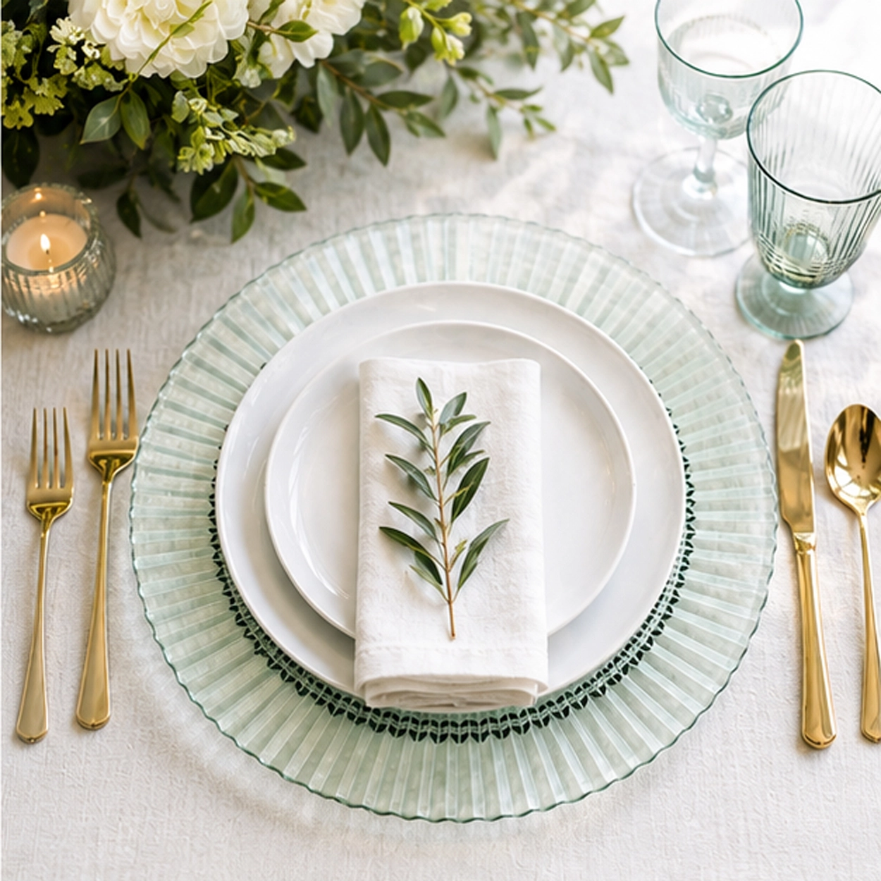 ribbed verde charger plate in a wedding reception tablescape
