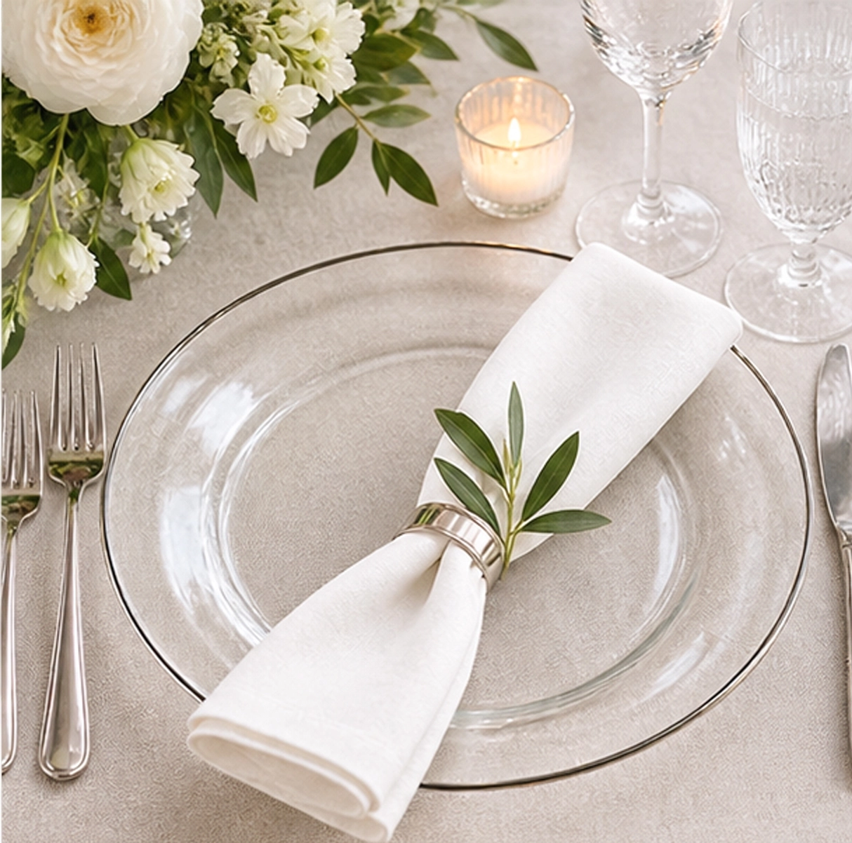 Silver rim charger plate wedding reception tablescape