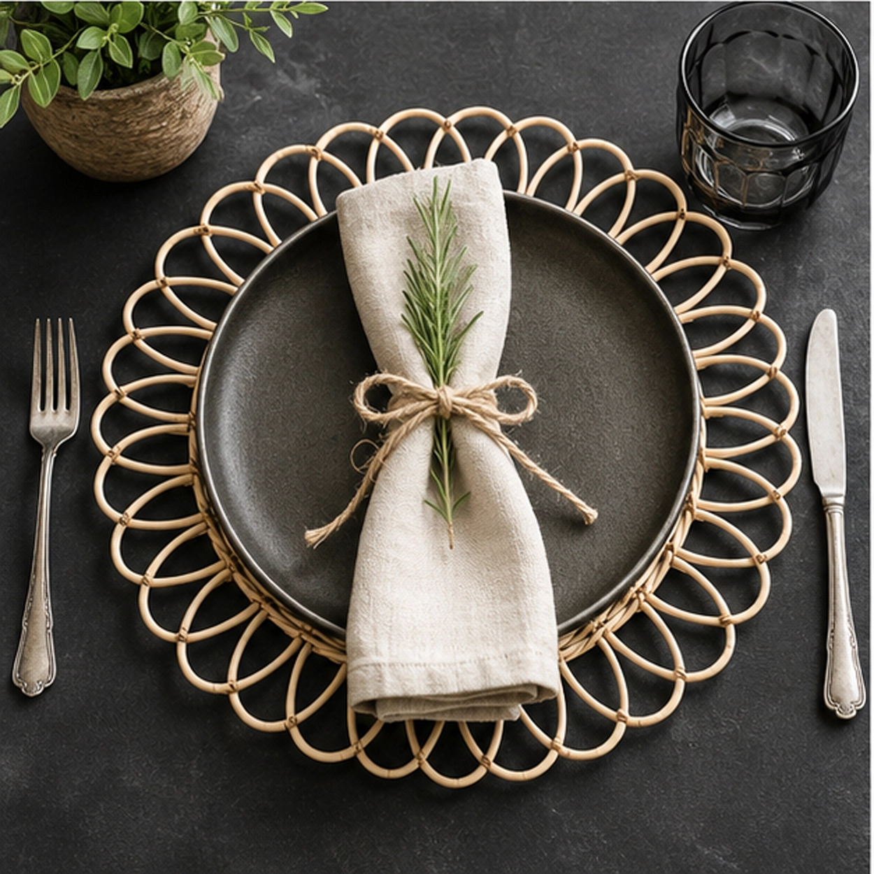 sophia natural charger plate in fine dining setting