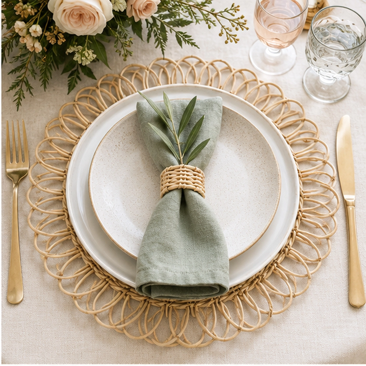 sophia natural charger plate in wedding reception tablescape