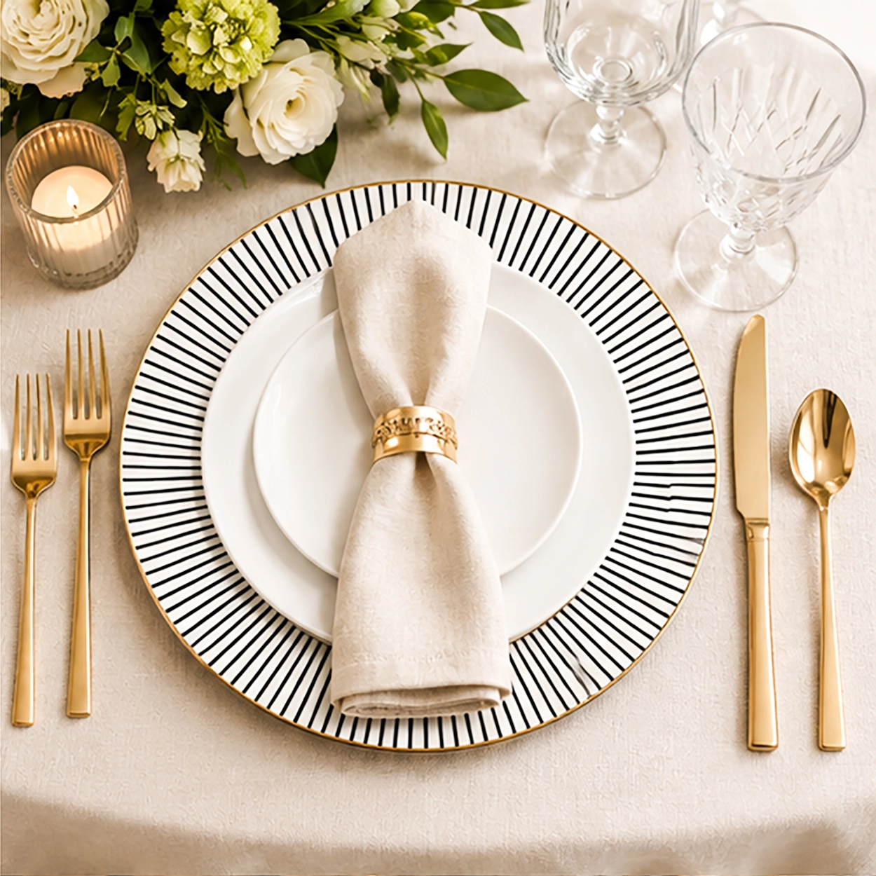 the classic charger plate wedding reception tablescape