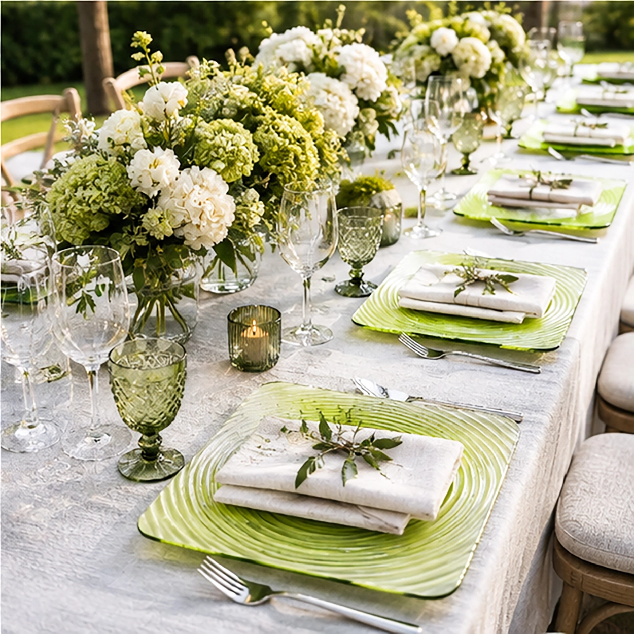 the green square swirl charger plate in a formal event tablescape