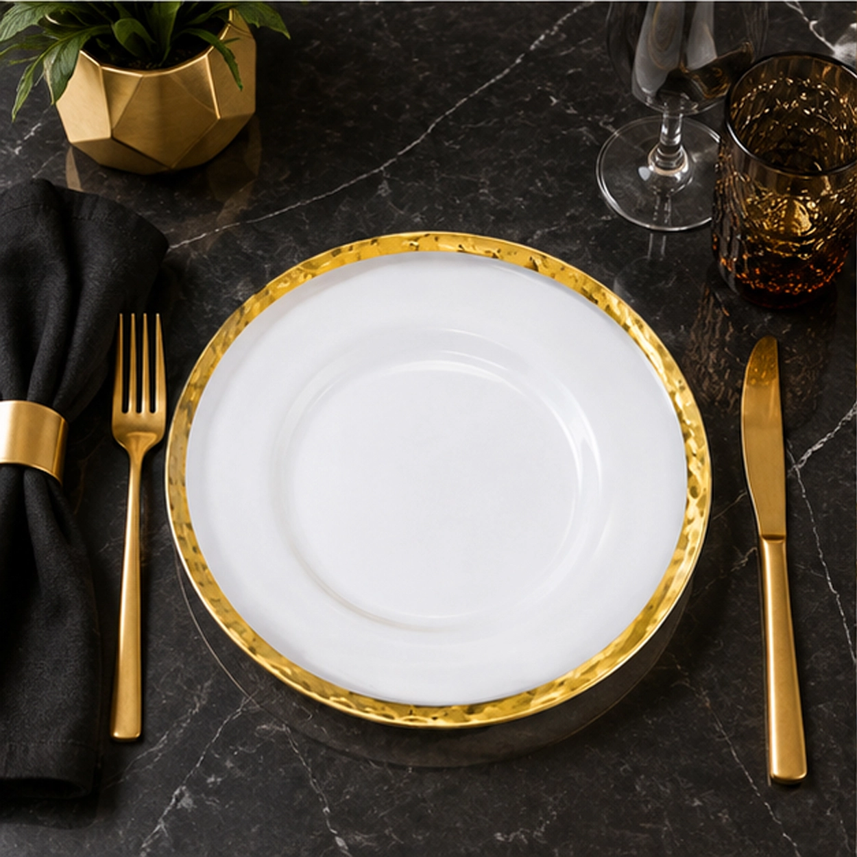 thin gold rim charger plate in fine dining setting