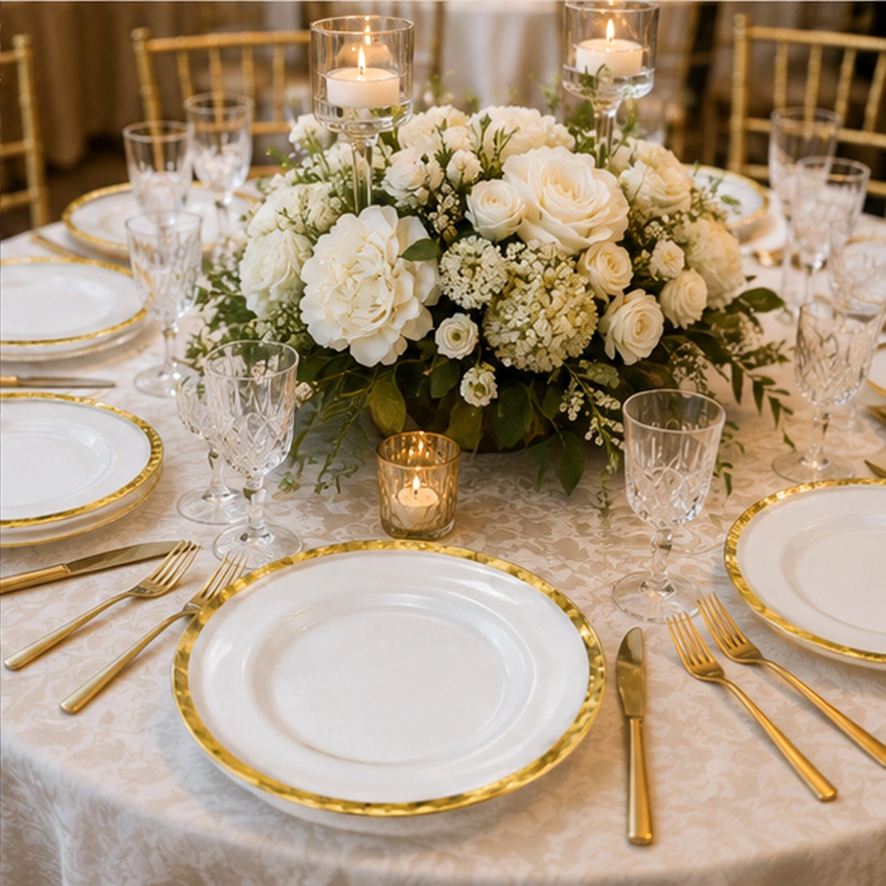 thin gold rim charger plate in formal event tablescape