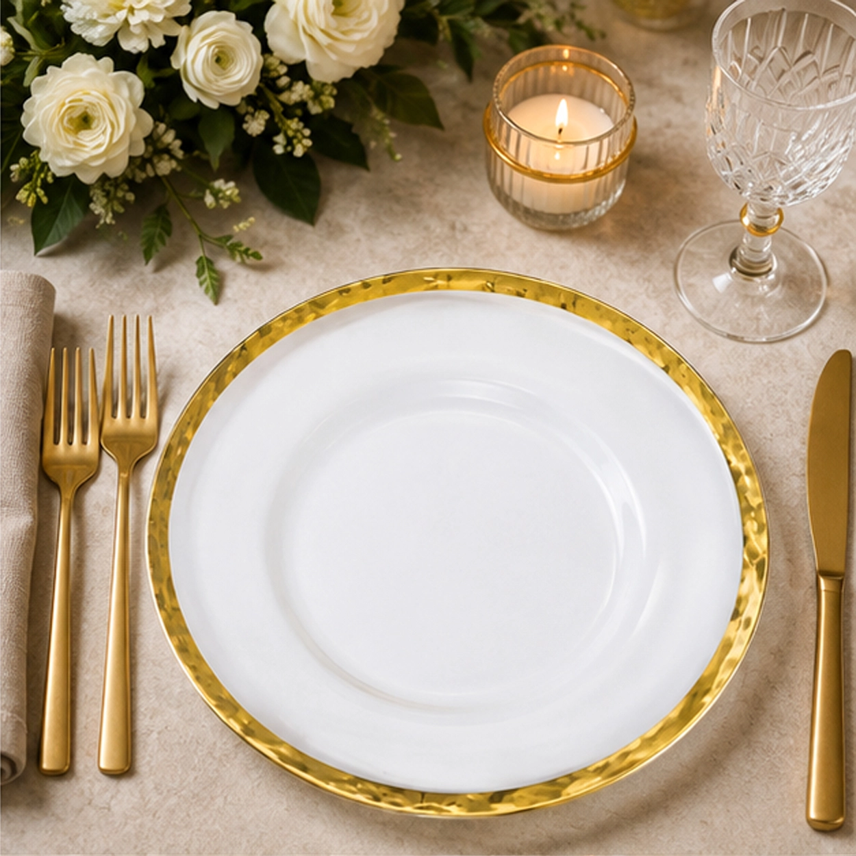 thin gold rim charger plate in wedding reception tablescape