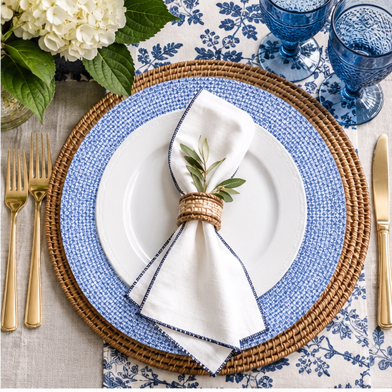 Trieste blue charger plate in an elegant signature tablescape