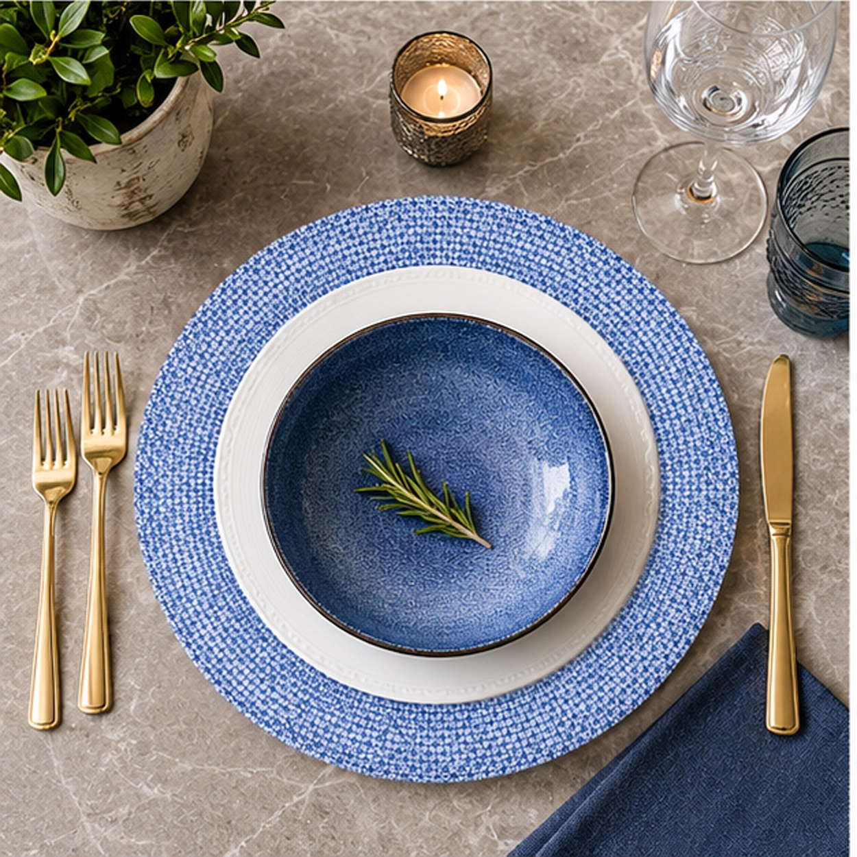 Trieste blue charger plate in a fine dining setting