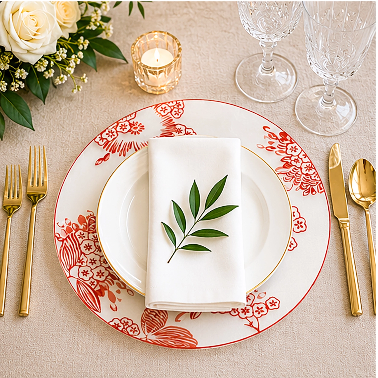 vintage fete charger plate in fine dining setting