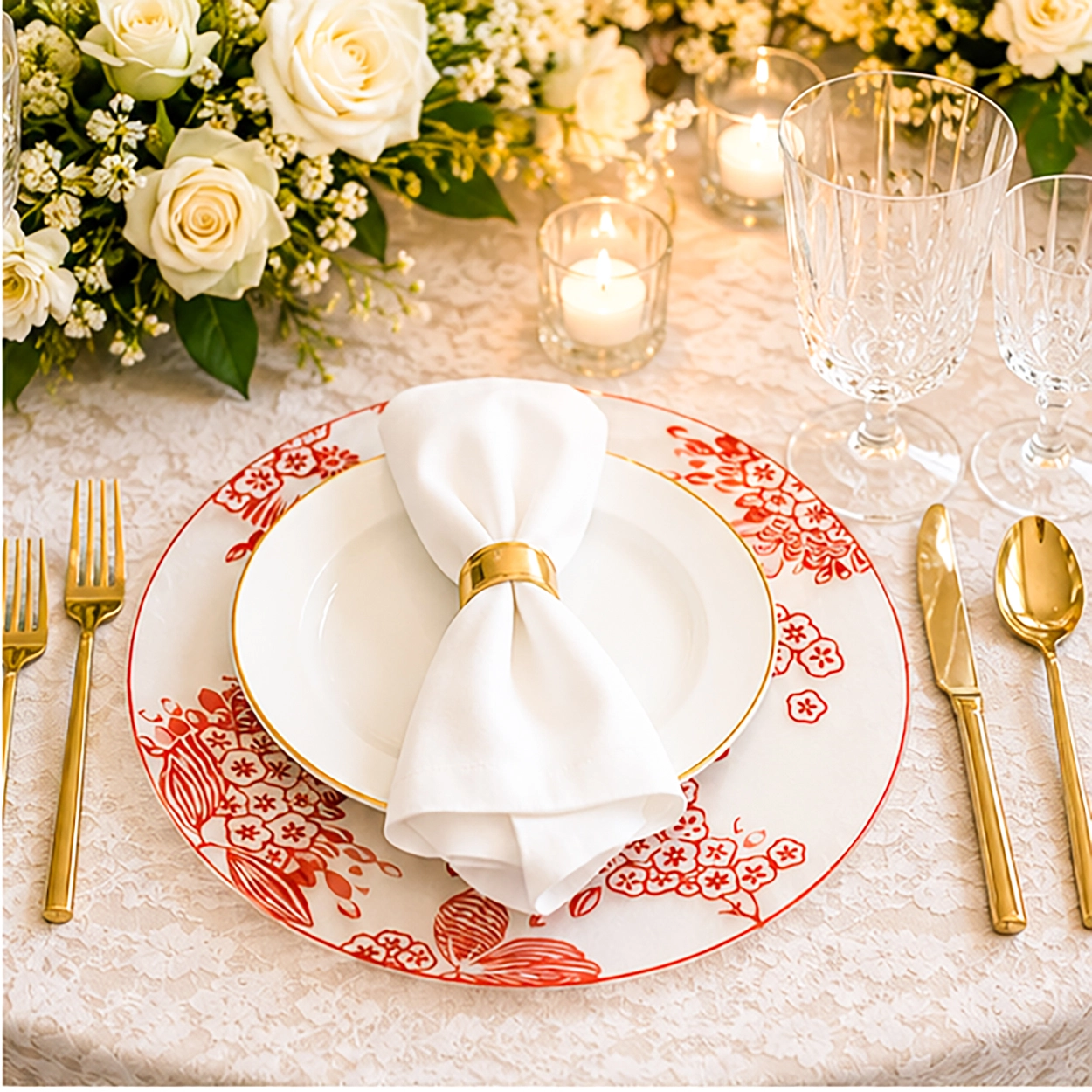 vintage fete charger plate in wedding reception tablescape
