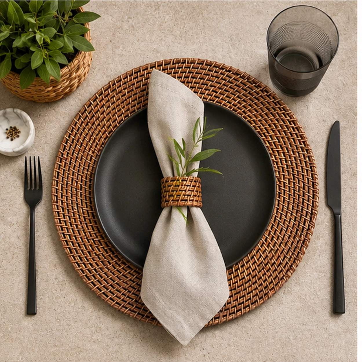 walnut rattan charger plate in fine dining setting