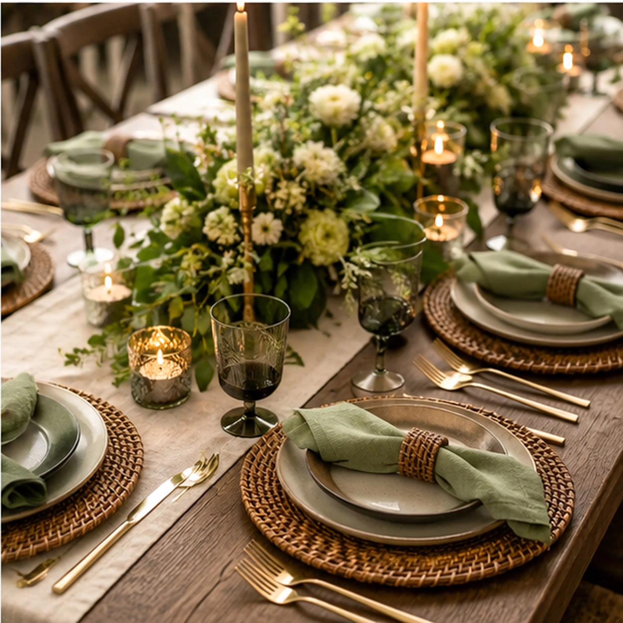 walnut rattan charger plate in formal event tablescape