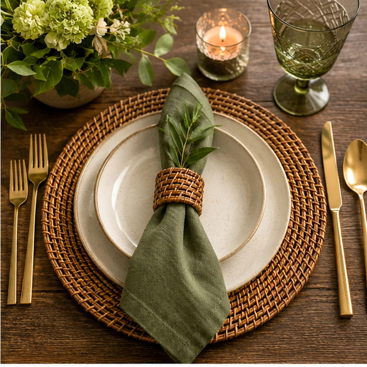 walnut rattan charger plate in rustic tablescape