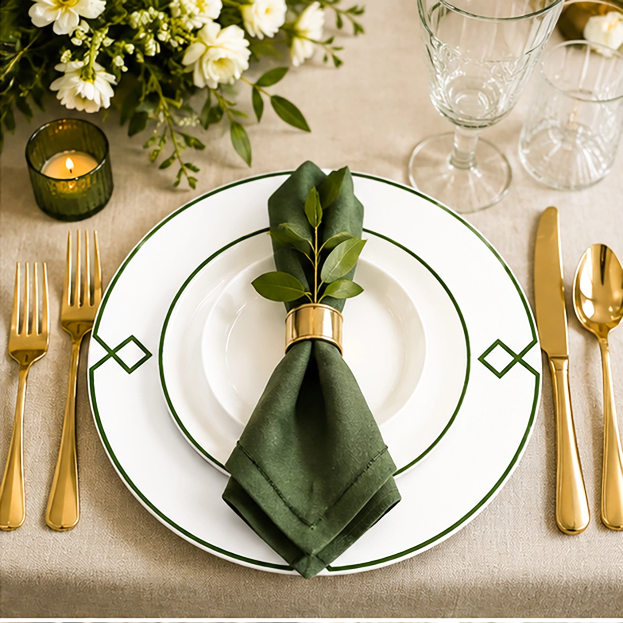 zenith verde charger plate in a wedding reception tablescape