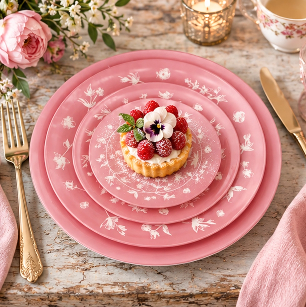 aria pink collection china set in fine dining setting