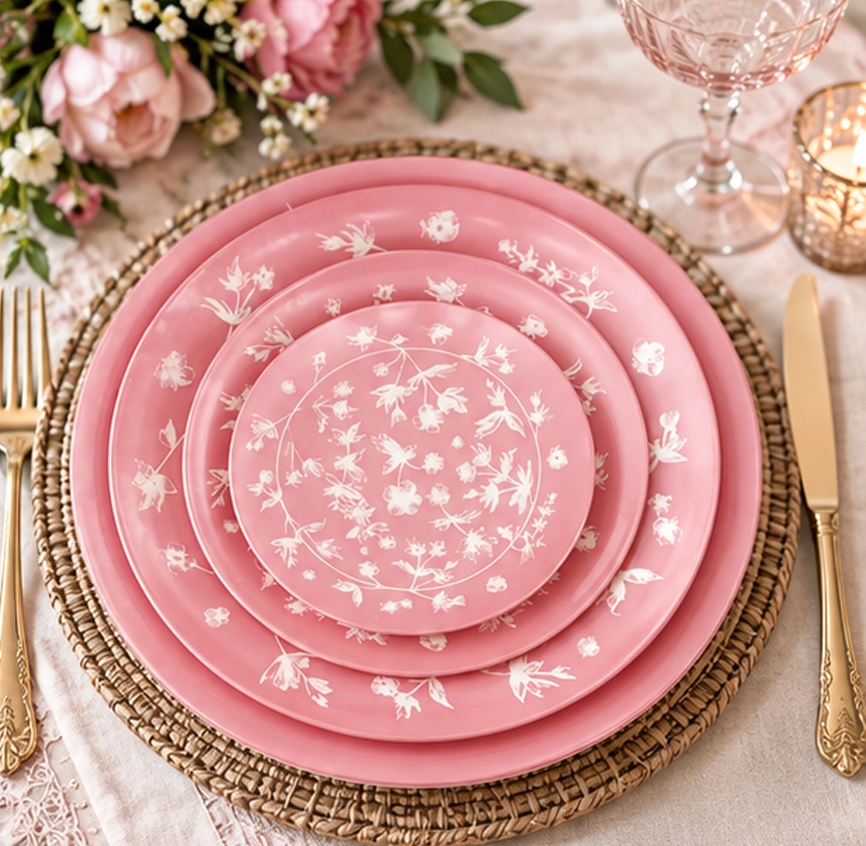 aria pink collection china set wedding reception tablescape