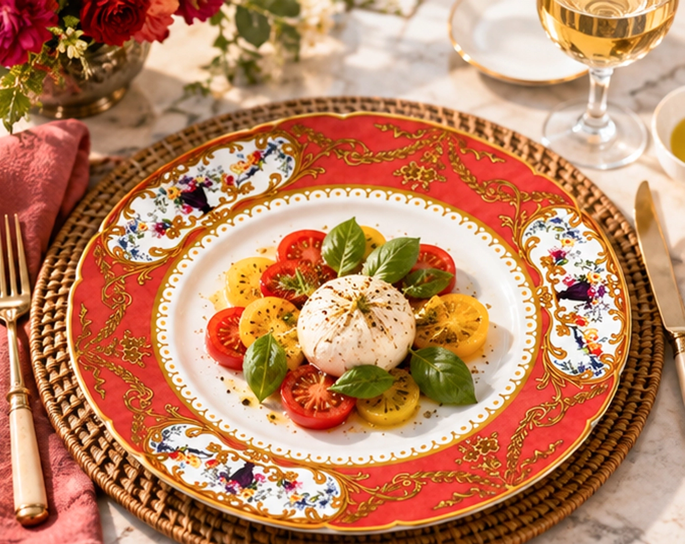 baroque rose china collection in fine dining setting