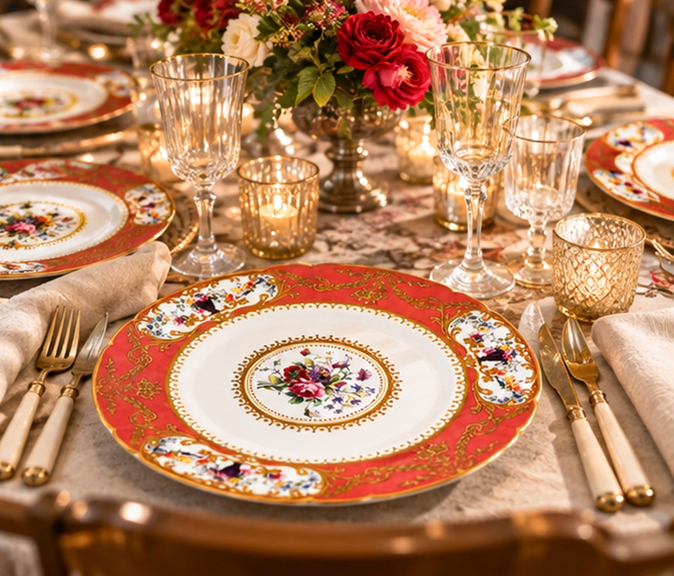 baroque rose china collection in formal event tablescape
