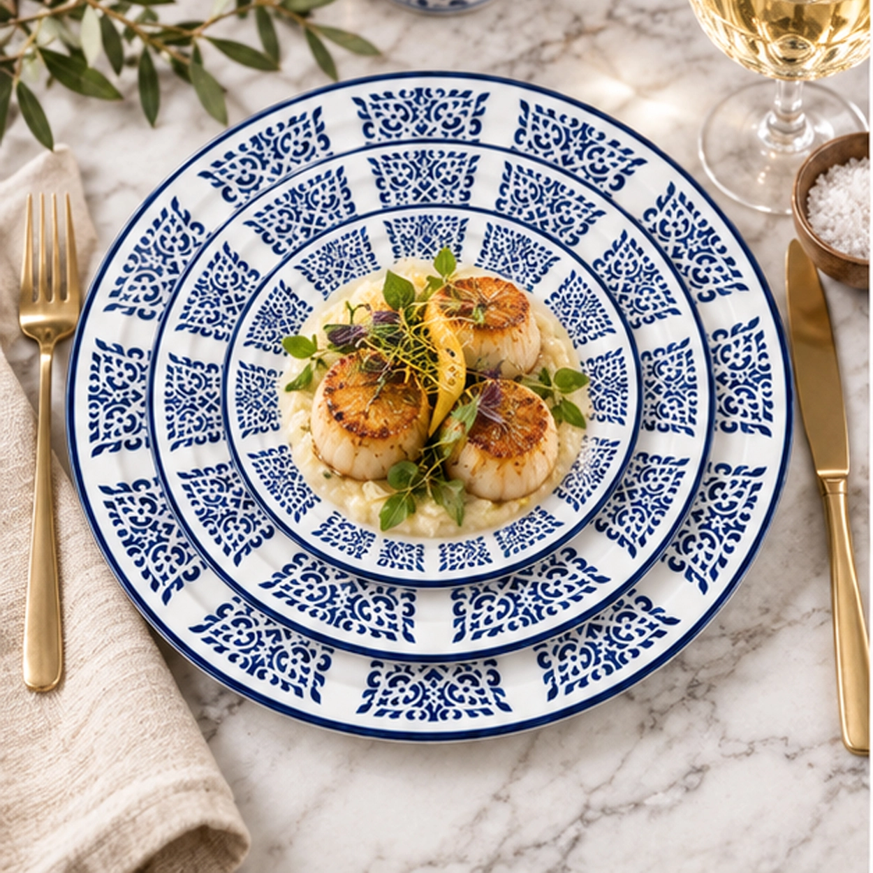 canyon navy collection china set in fine dining table tale setting