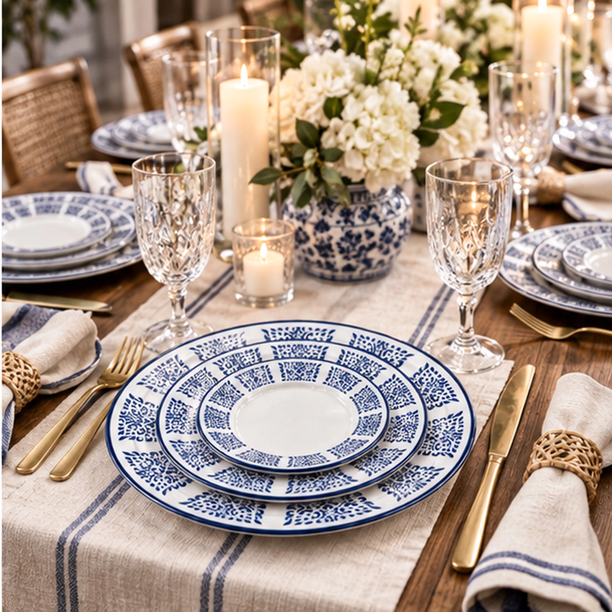 canyon navy collection china set in a formal event tablescape