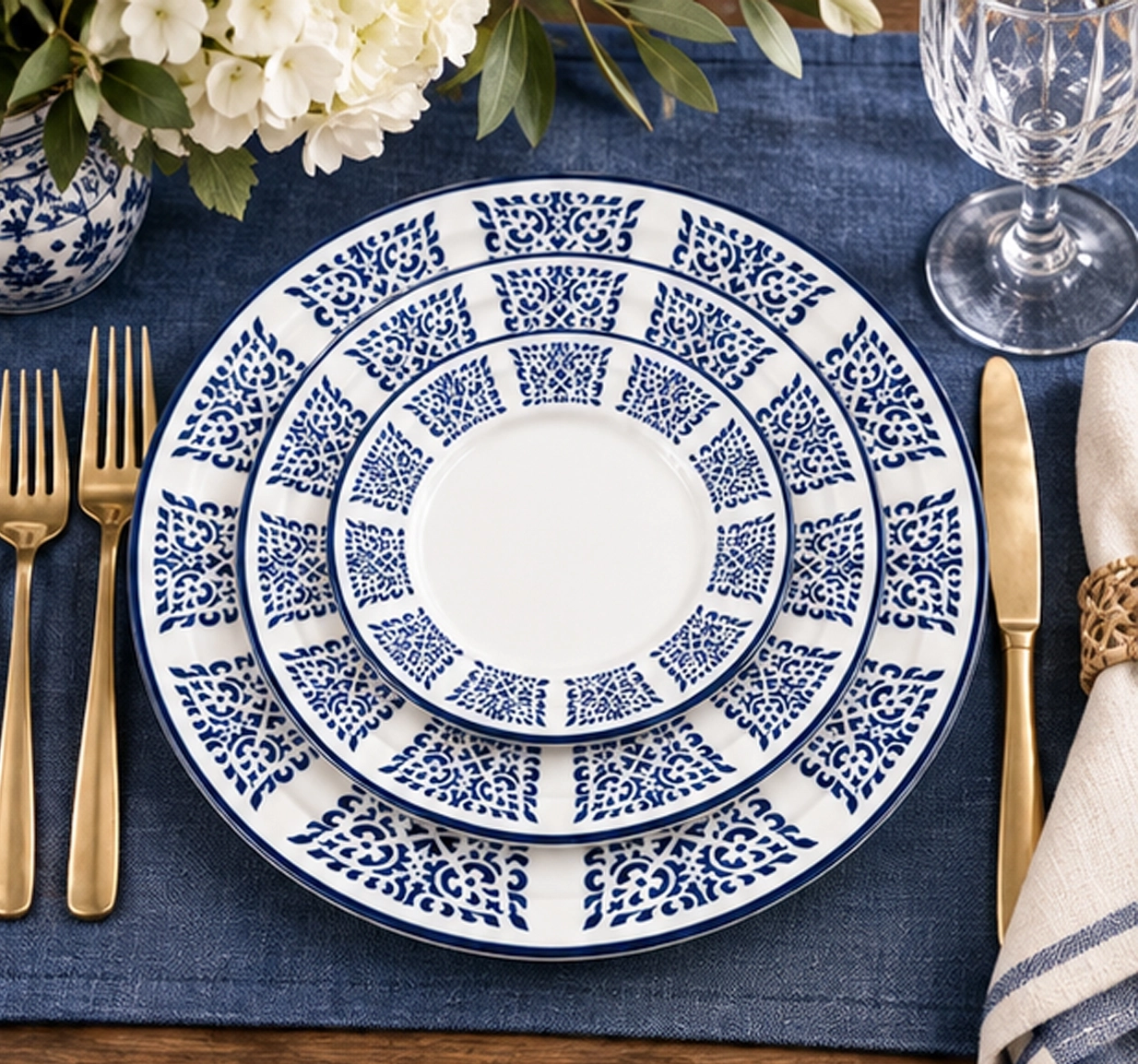 canyon navy collection china set in wedding reception tablescape