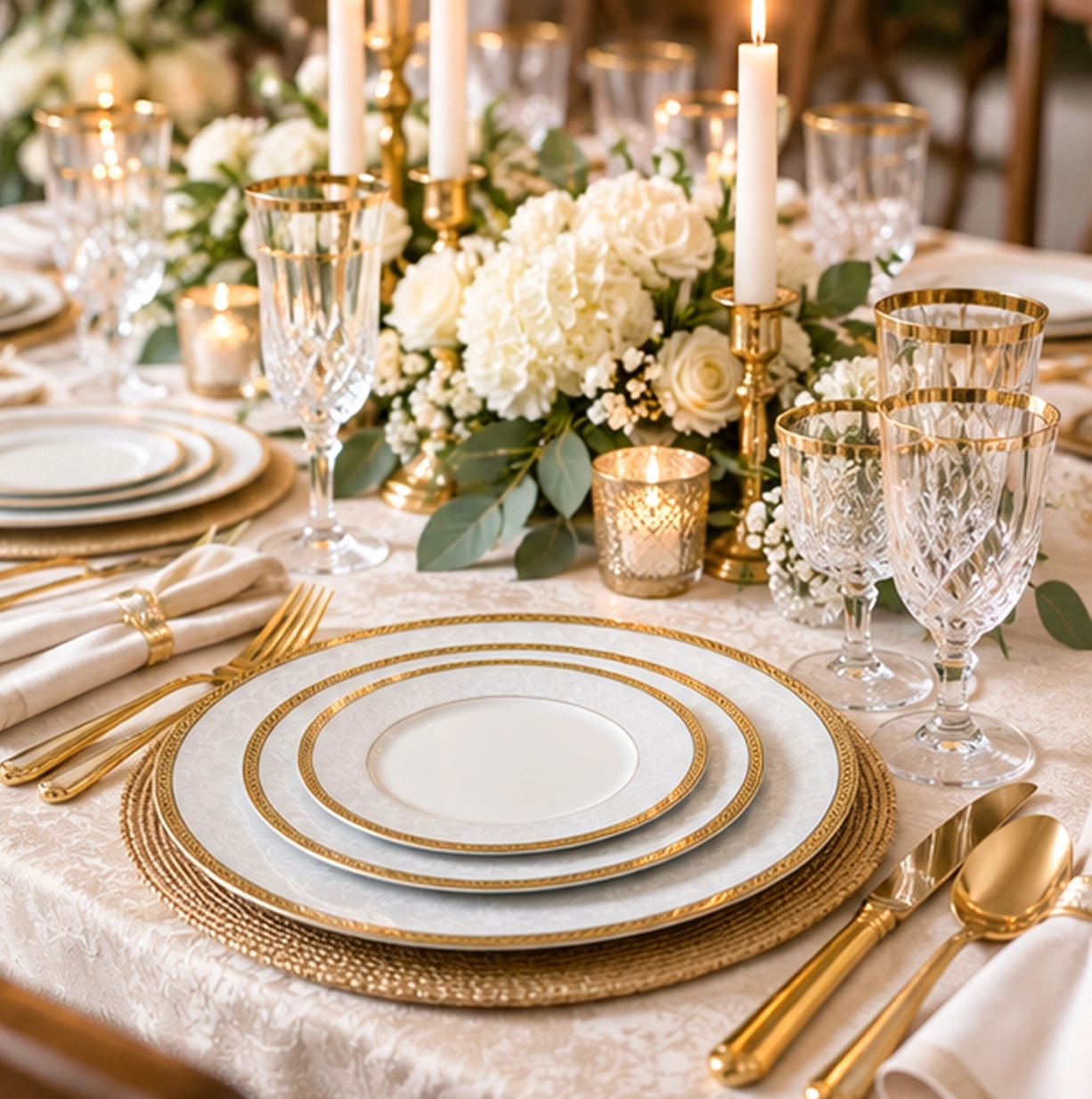 Celine Gold Collection China set in formal event tablescape