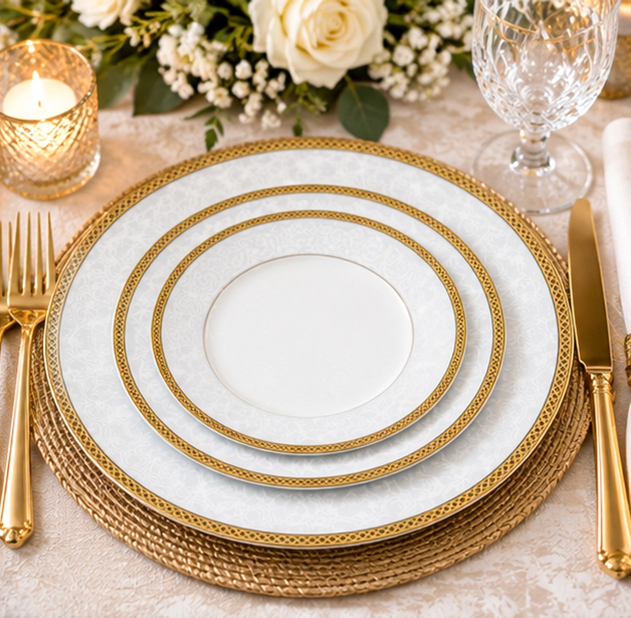 Celine Gold Collection China set in wedding reception tablescape