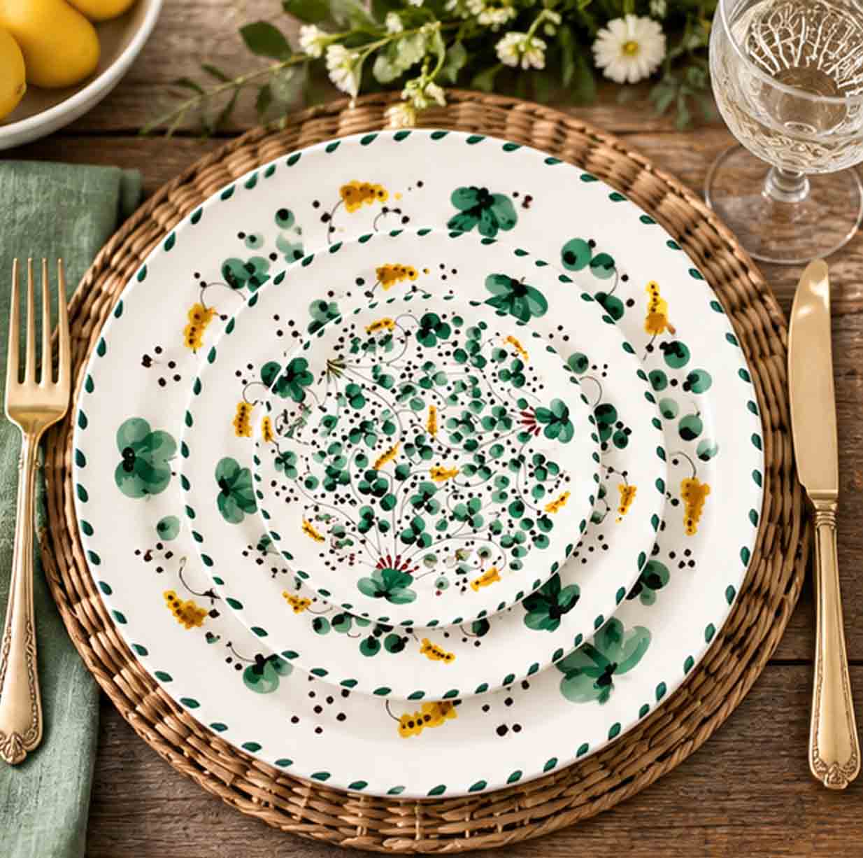 Codi Green Collection China set in rustic table setting