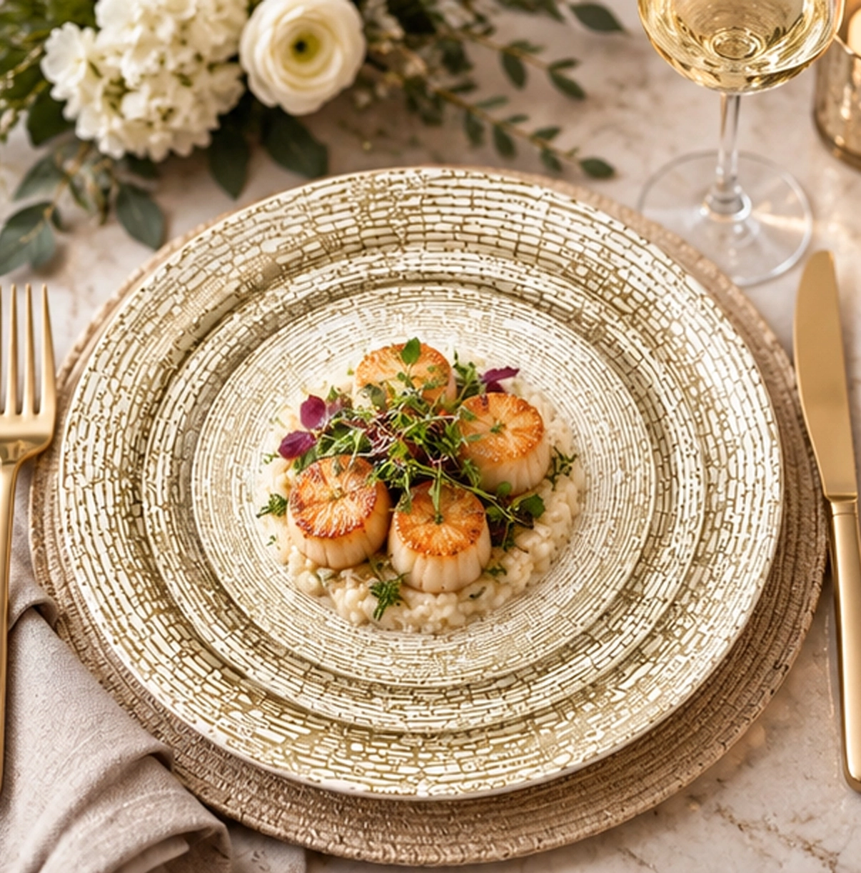 dune collection china set in wedding reception tablescape