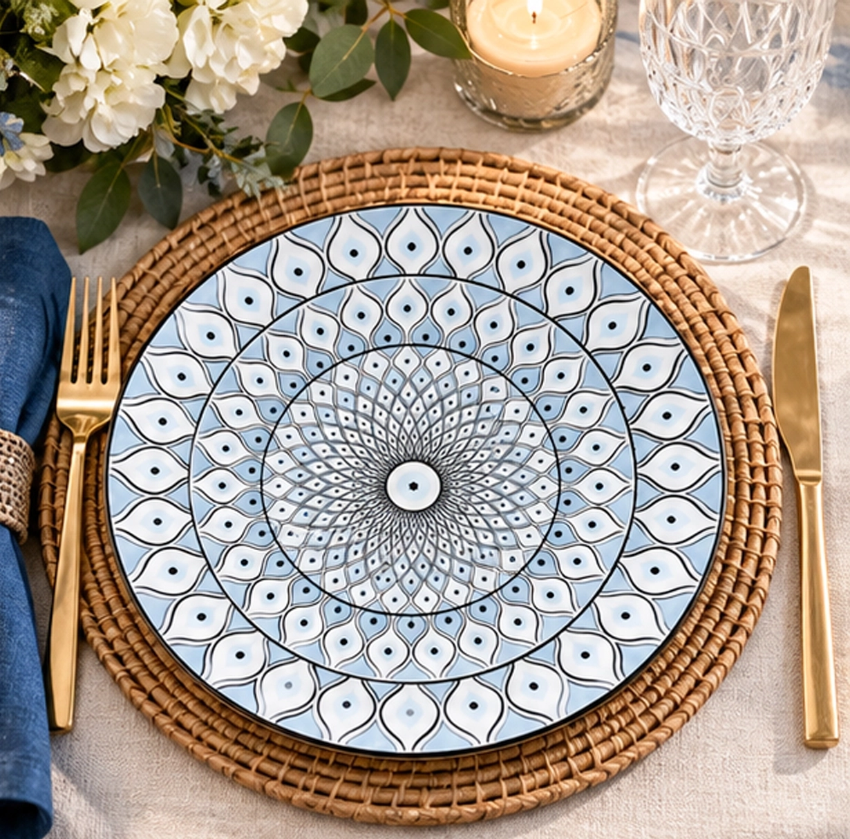 evil eye collection china set in wedding reception tablescape