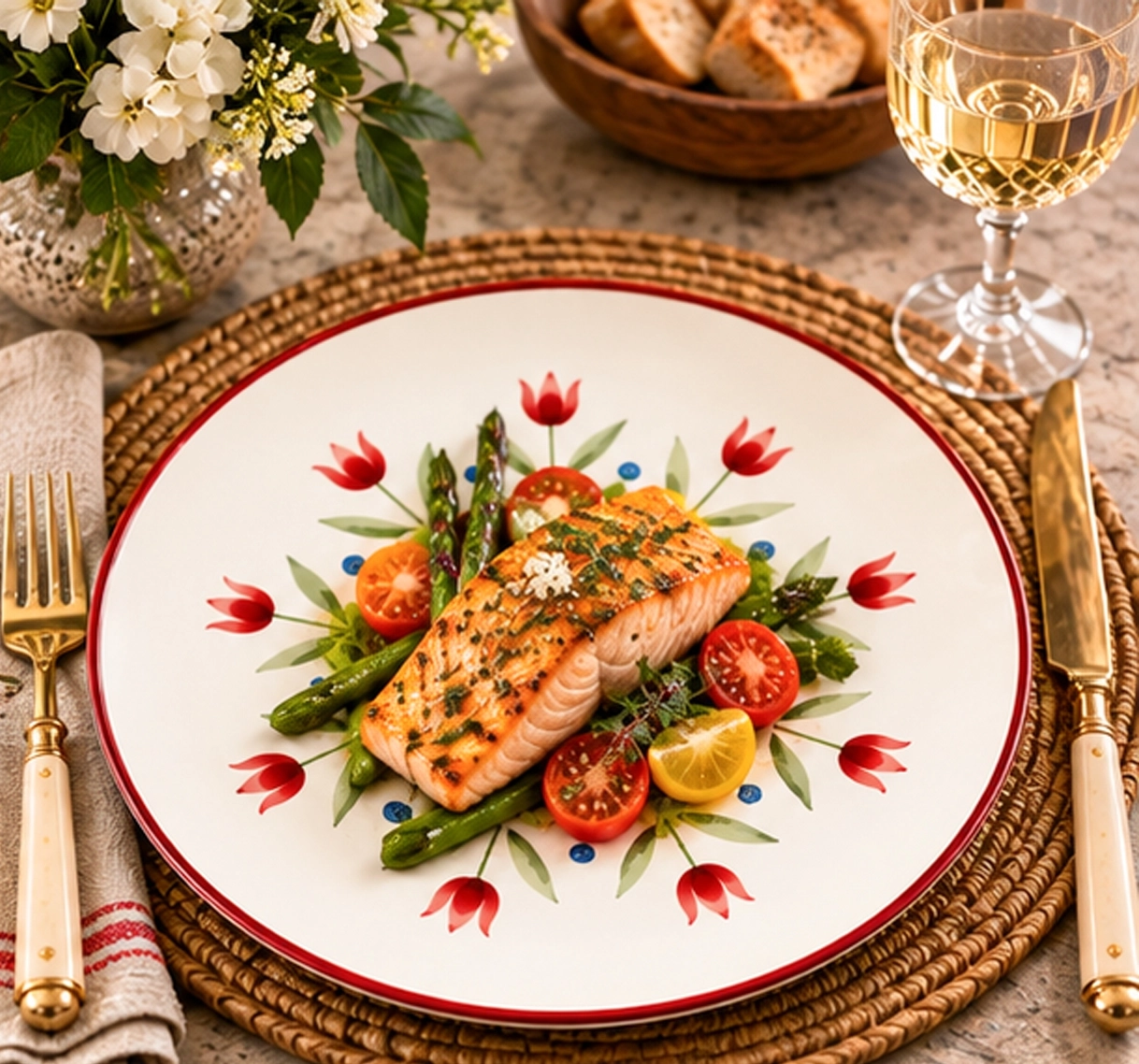 flora collection china set in fine dining setting