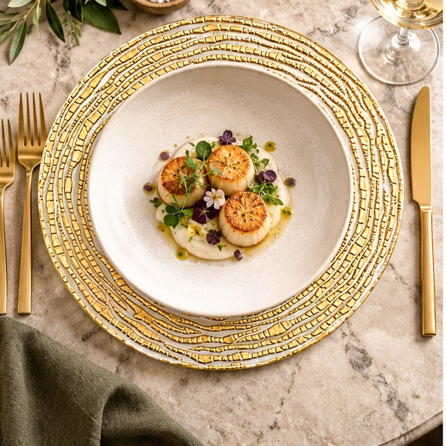 gold wave china plate in fine dining setting