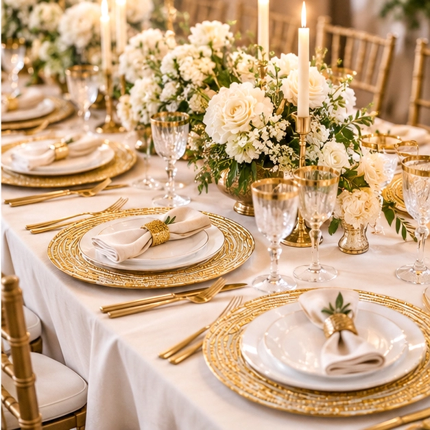 gold wave china plate in formal event tablescape