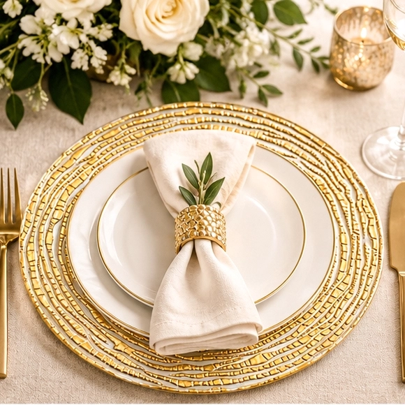 gold wave china plate in wedding reception tablescape