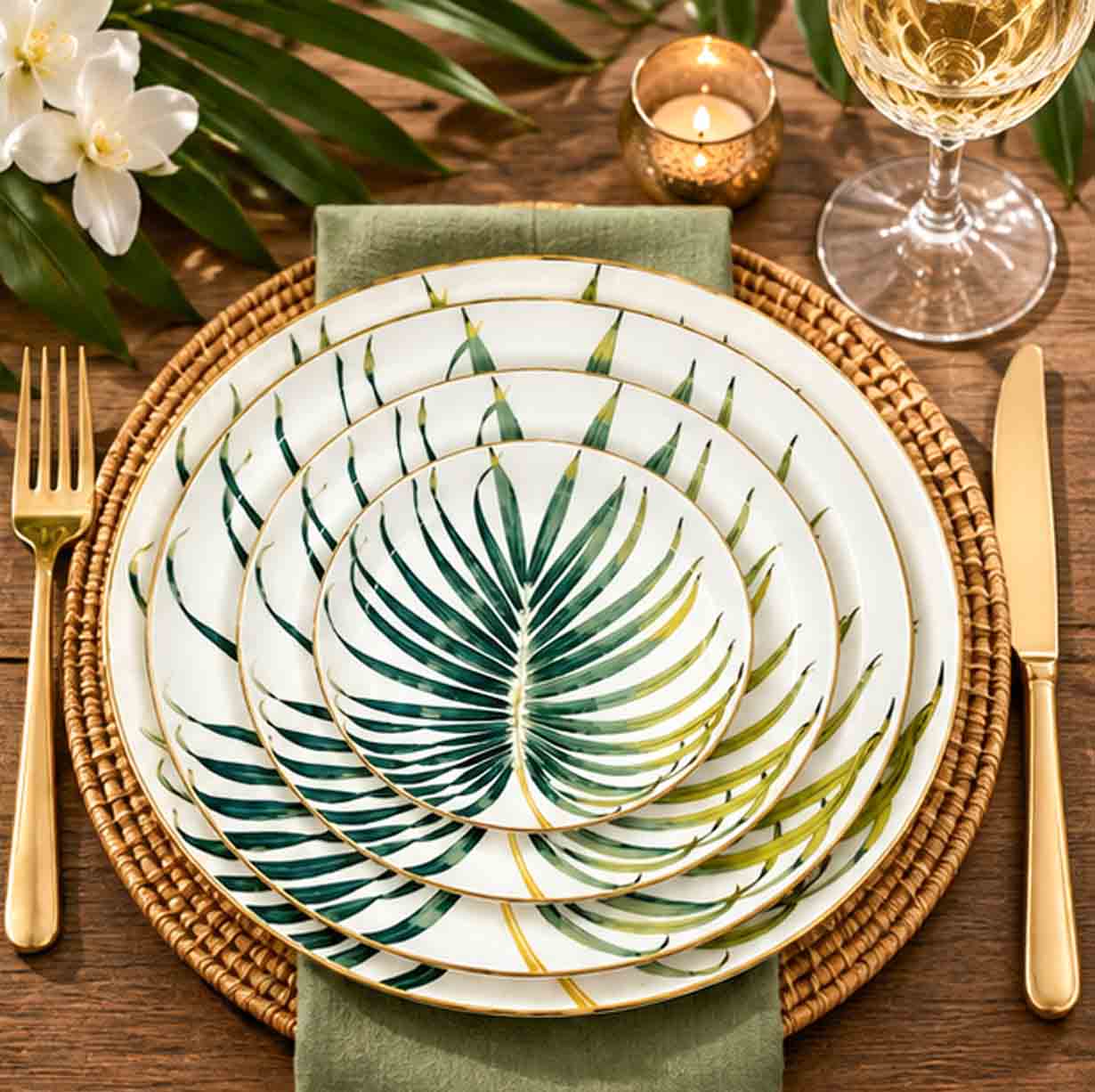 havana plate collection china set in tropical botanical tablescape