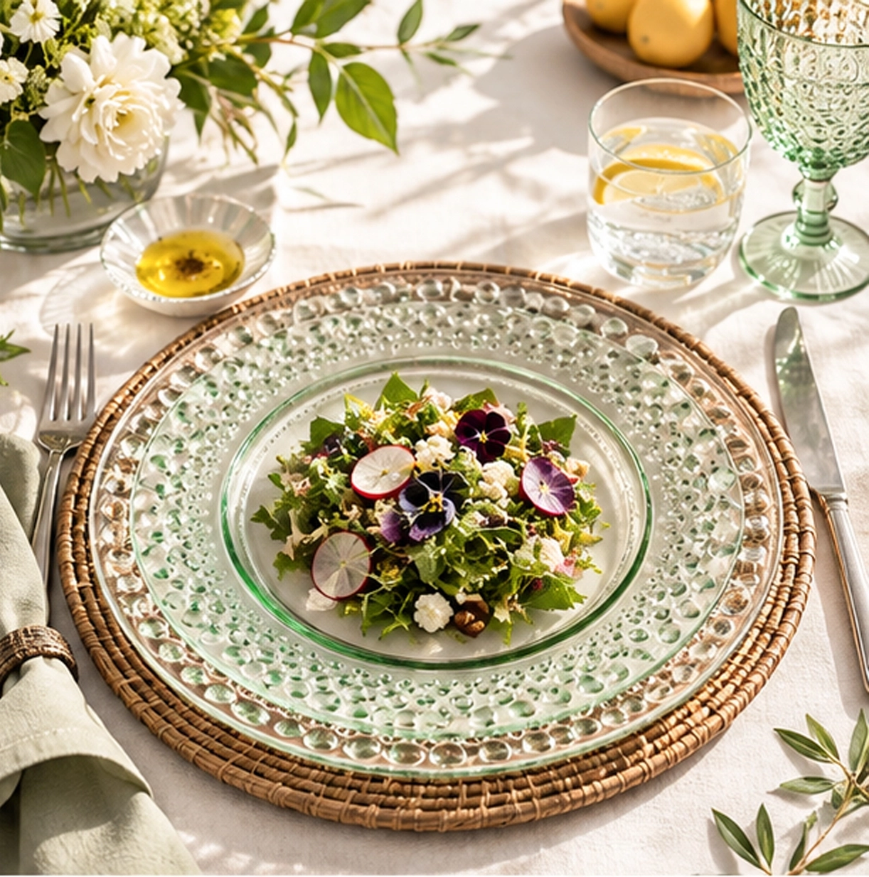 hobnail green 8 inch China plate wedding reception tablescape