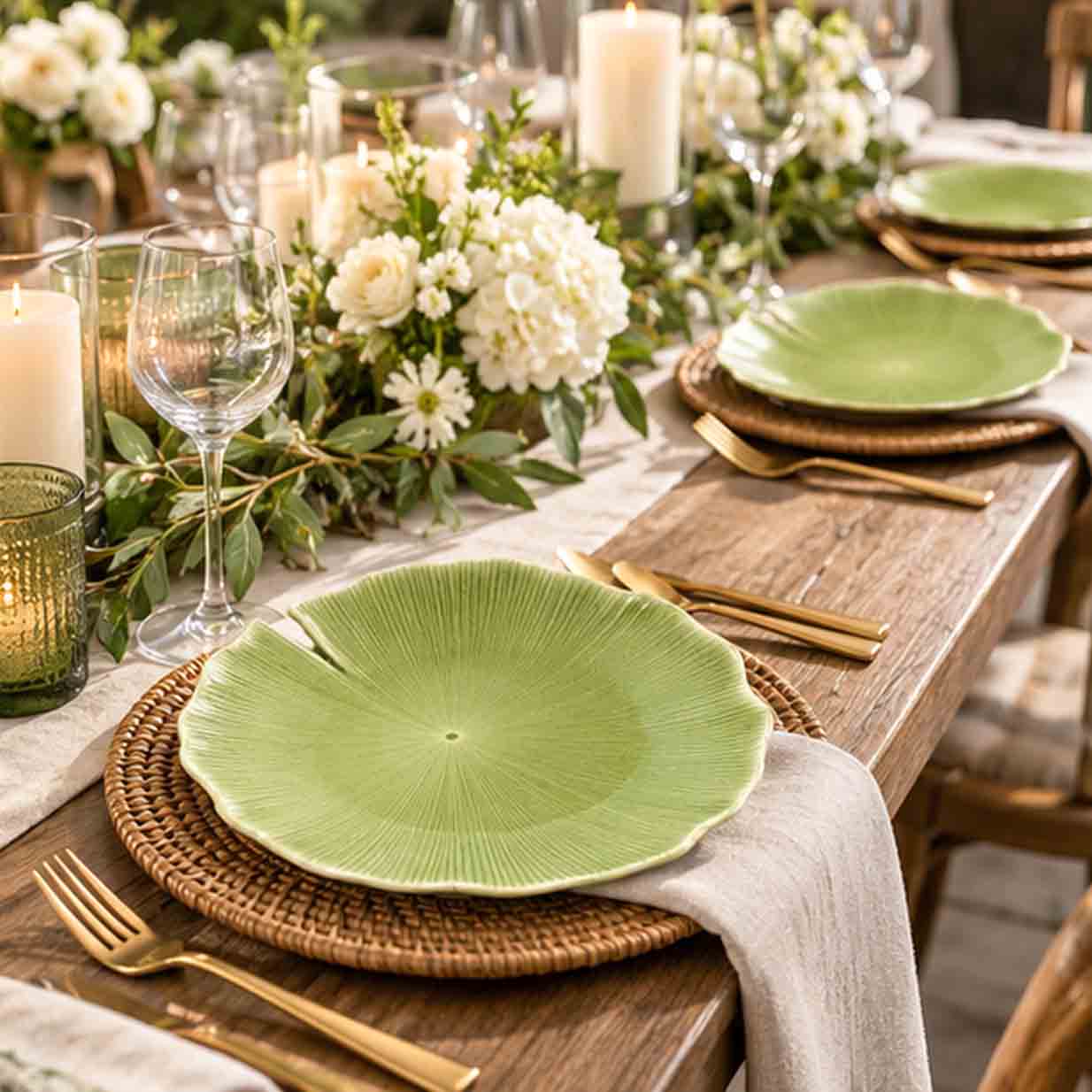 lily pad sage china plate in formal event table setting