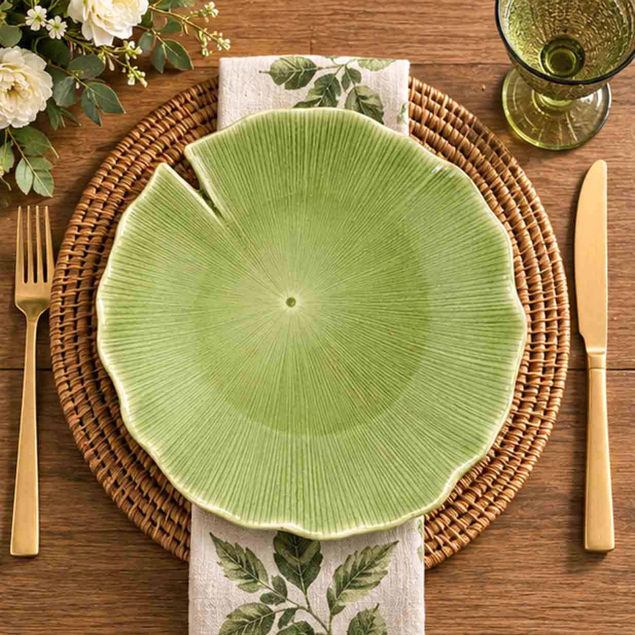 lily pad sage china plate in tropical botanical table setting