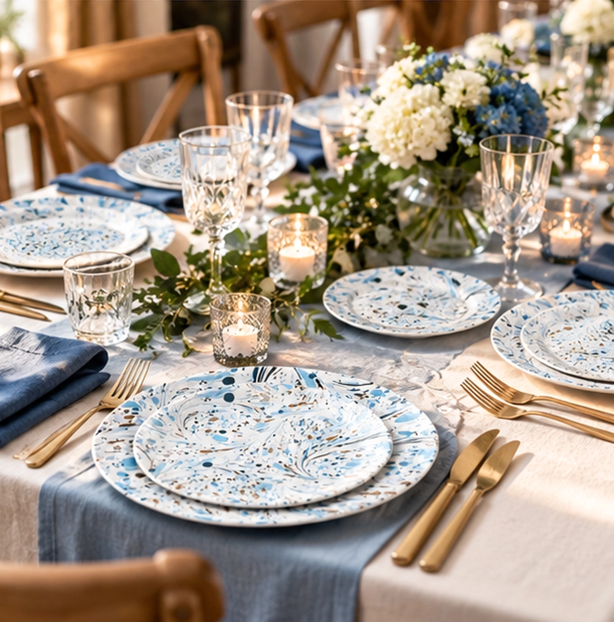 mj azure splash collection china set in formal event tablescape