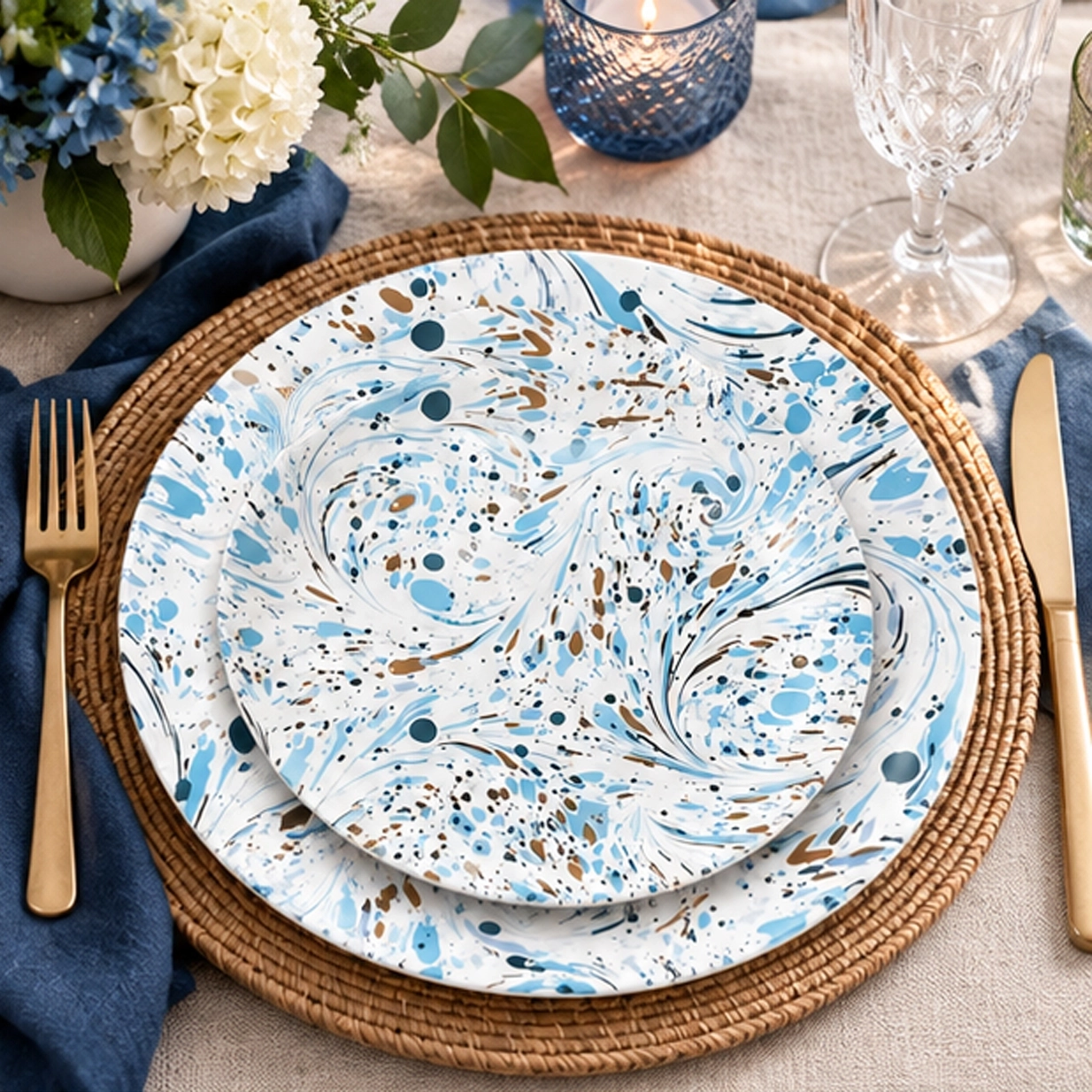 mj azure splash collection china set in wedding reception tablescape